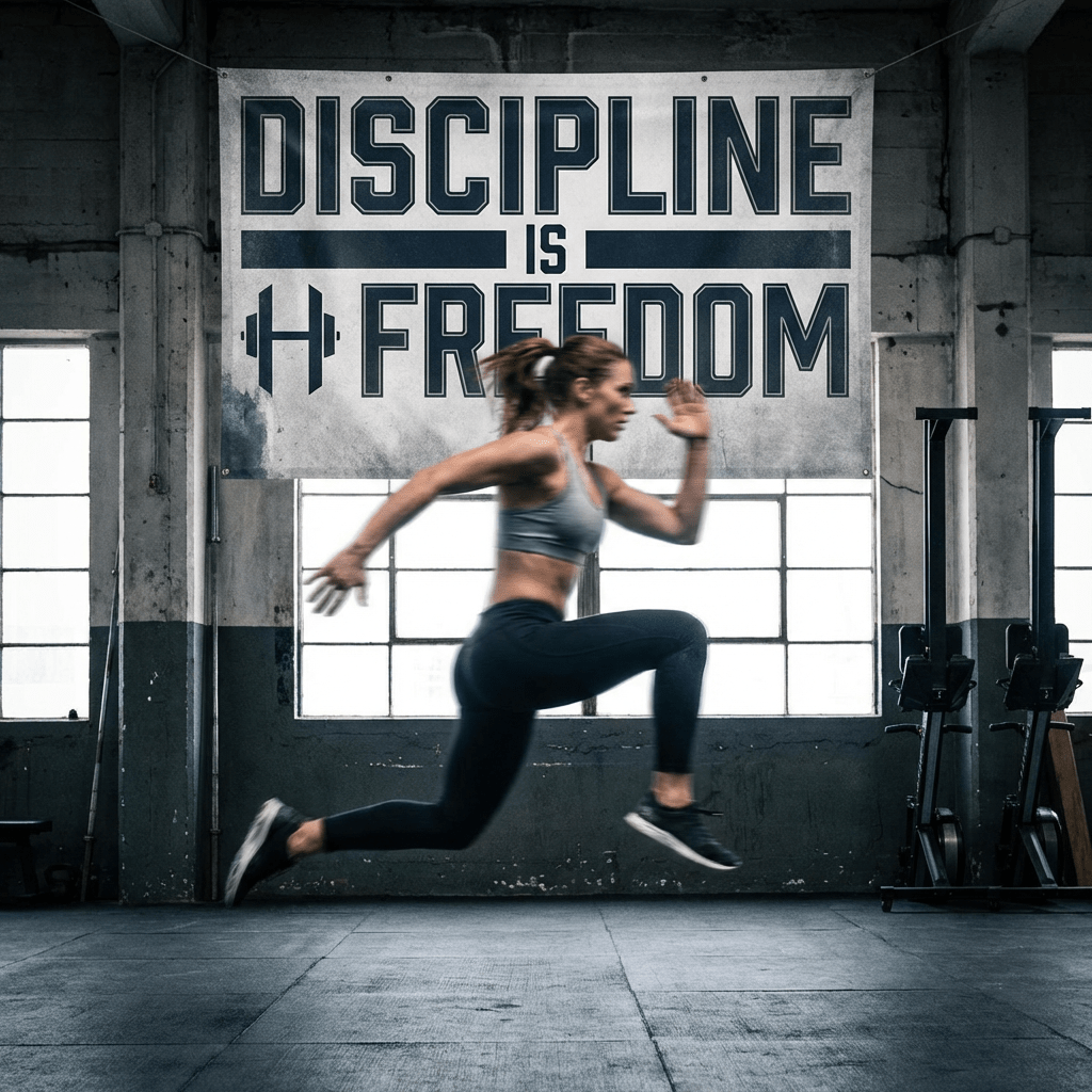 Woman leaping forward in gym under sign saying Discipline is Freedom
