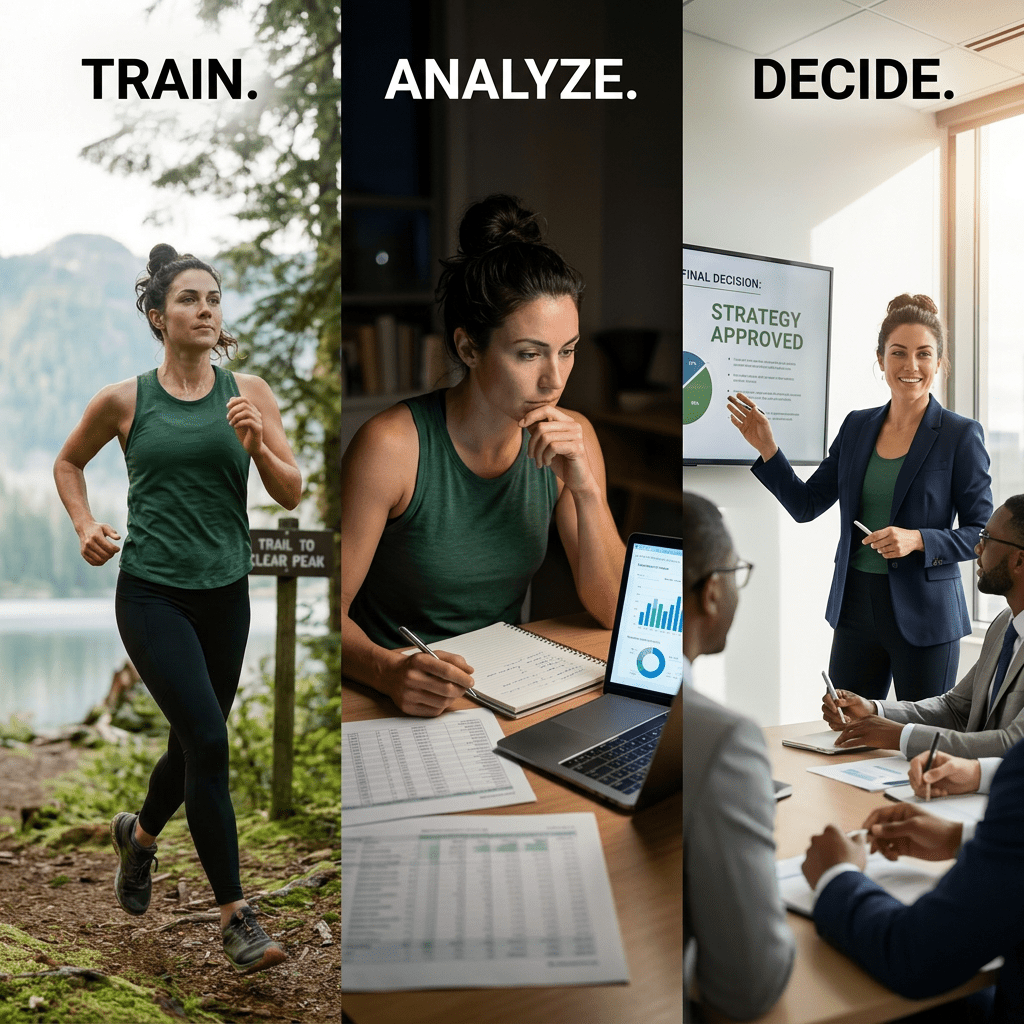 Triptych of a woman running outdoors, analyzing data at a desk, and presenting strategy approval in a meeting