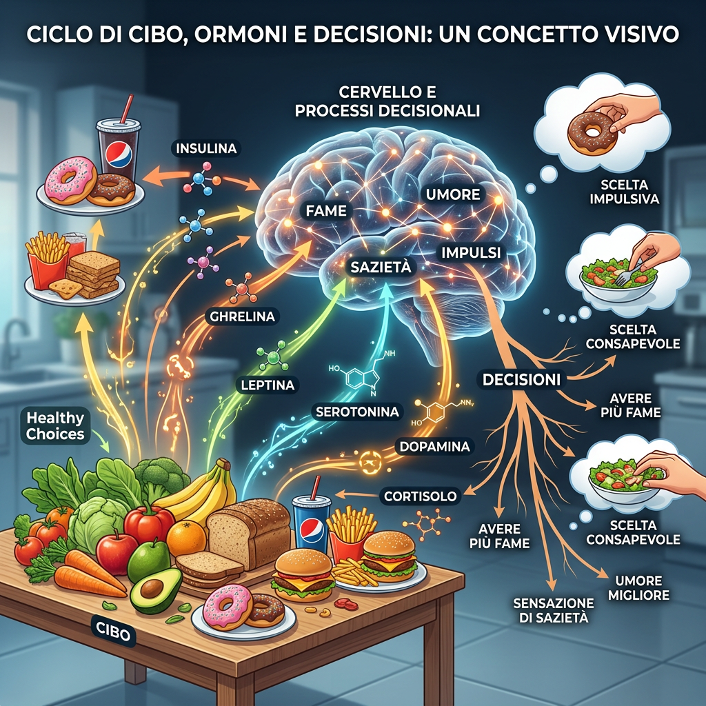 Diagram showing food types affecting hormones like insulin, ghrelin, leptin, serotonin, dopamine, and cortisol that influence brain hunger, satiety, mood, impulses, and decisions