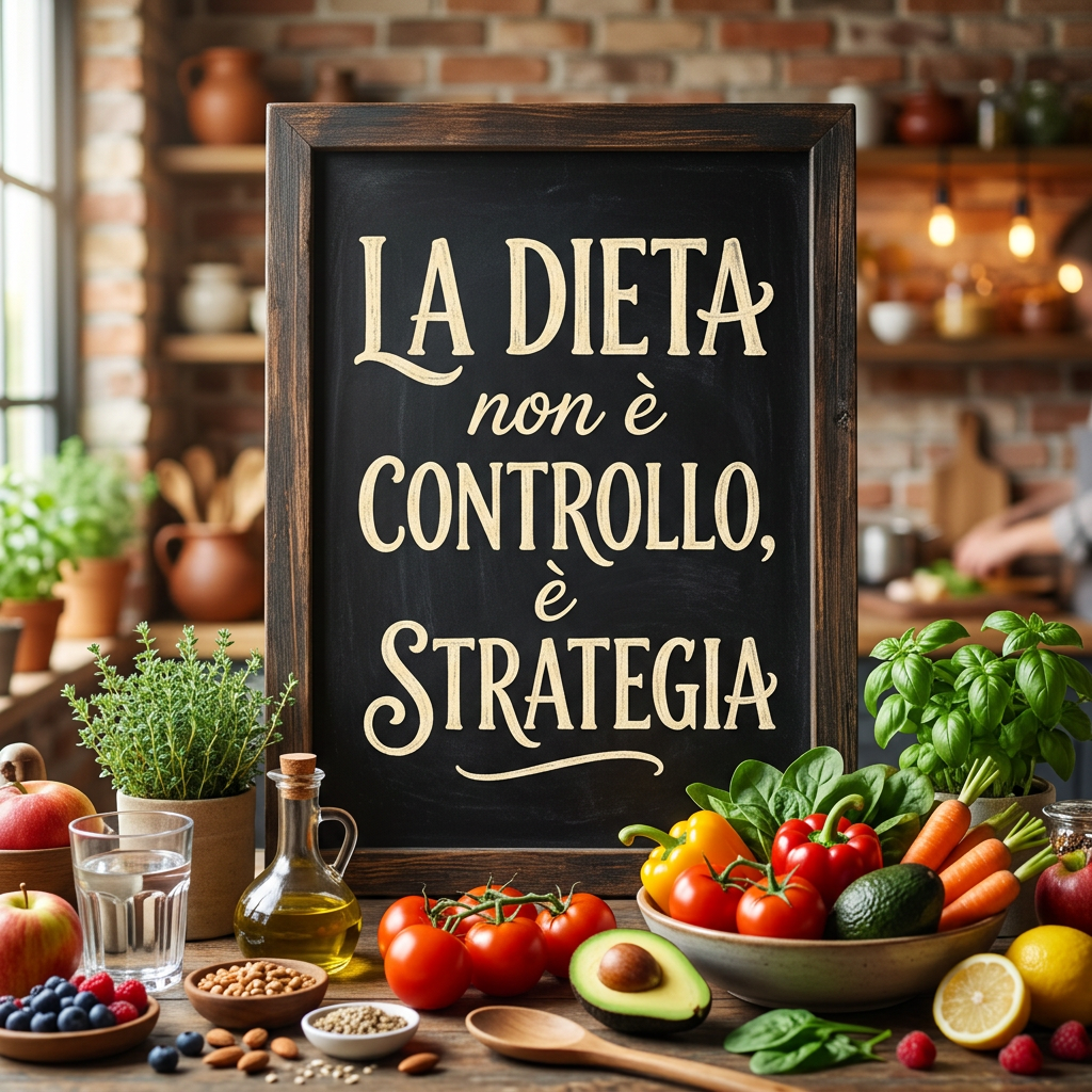 Framed Italian sign reading 'La dieta non è controllo, è strategia' with fresh vegetables and kitchen items