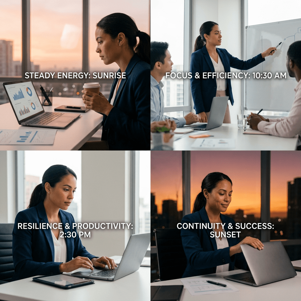 Woman showing stages of work energy and productivity during various times of day in an office